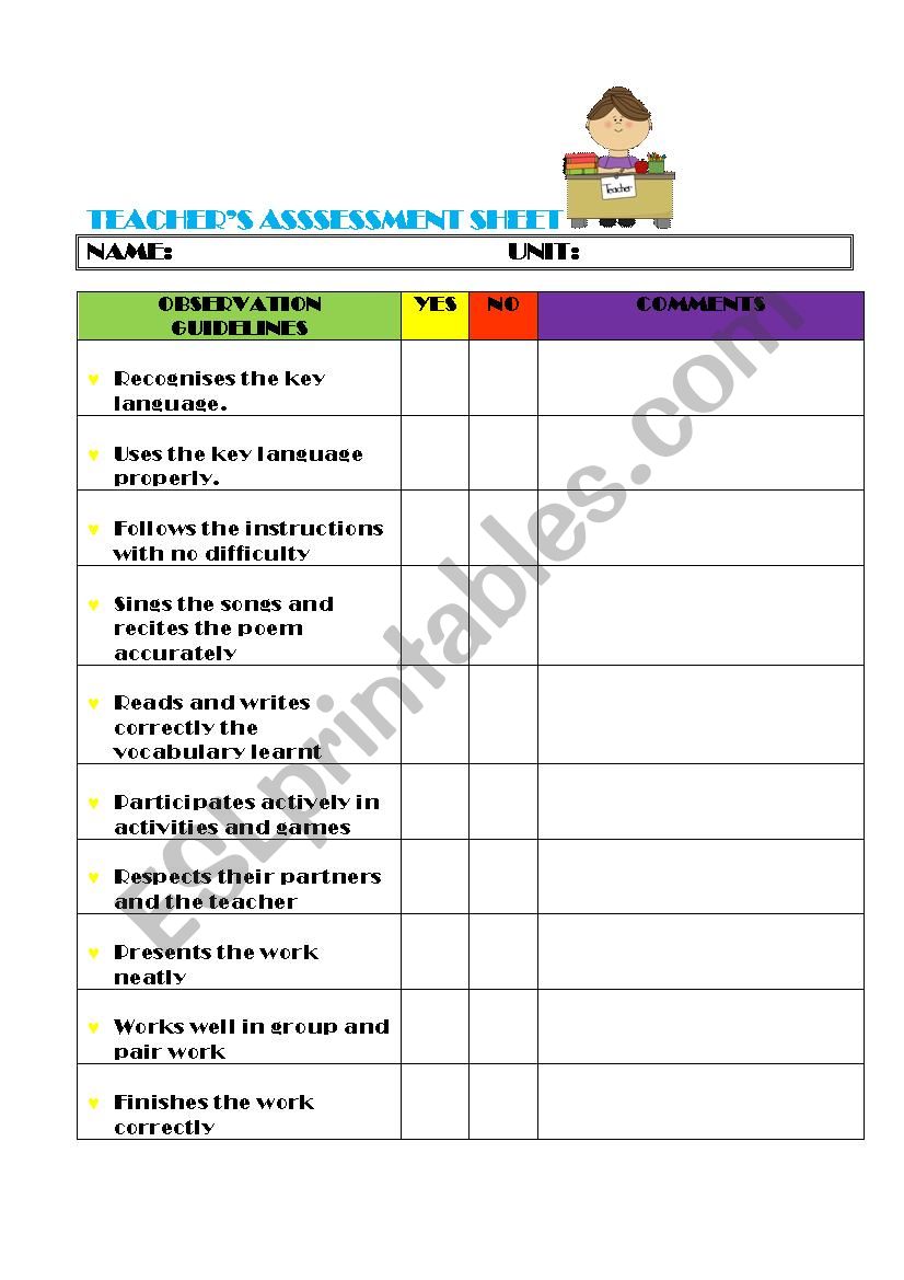 Teacher`s assessment sheet worksheet